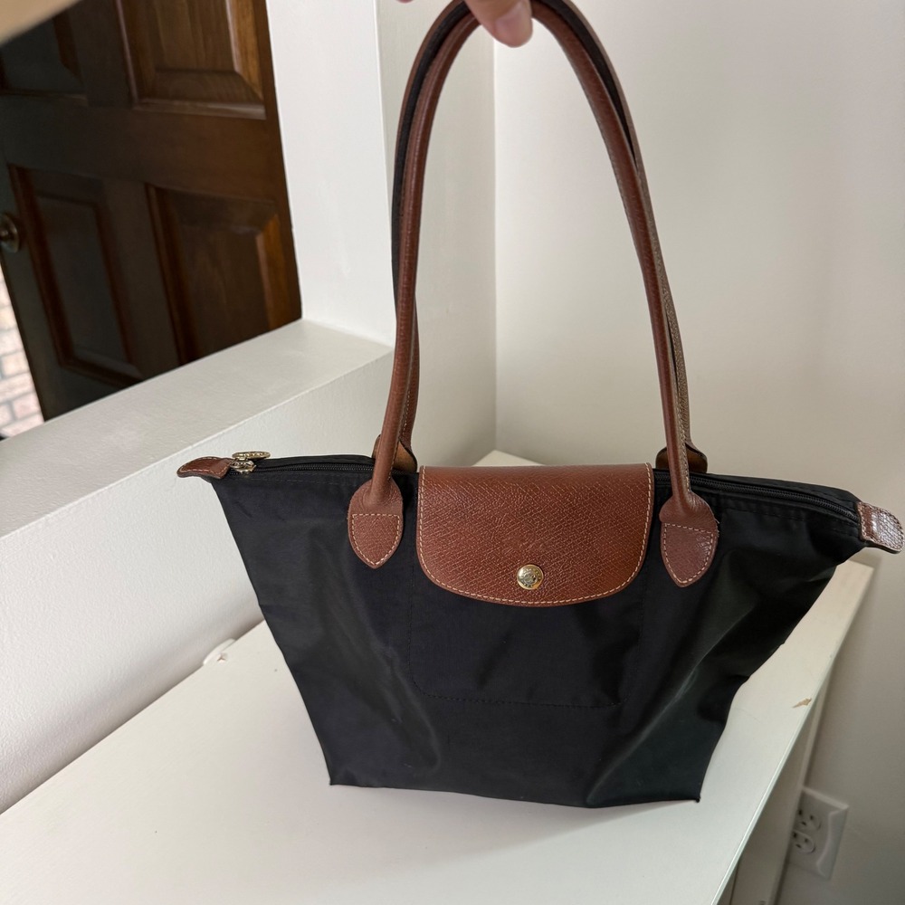Longchamp Le Pliage Original M Tote Small Black Shoulder Bag Long Handle Zip Top